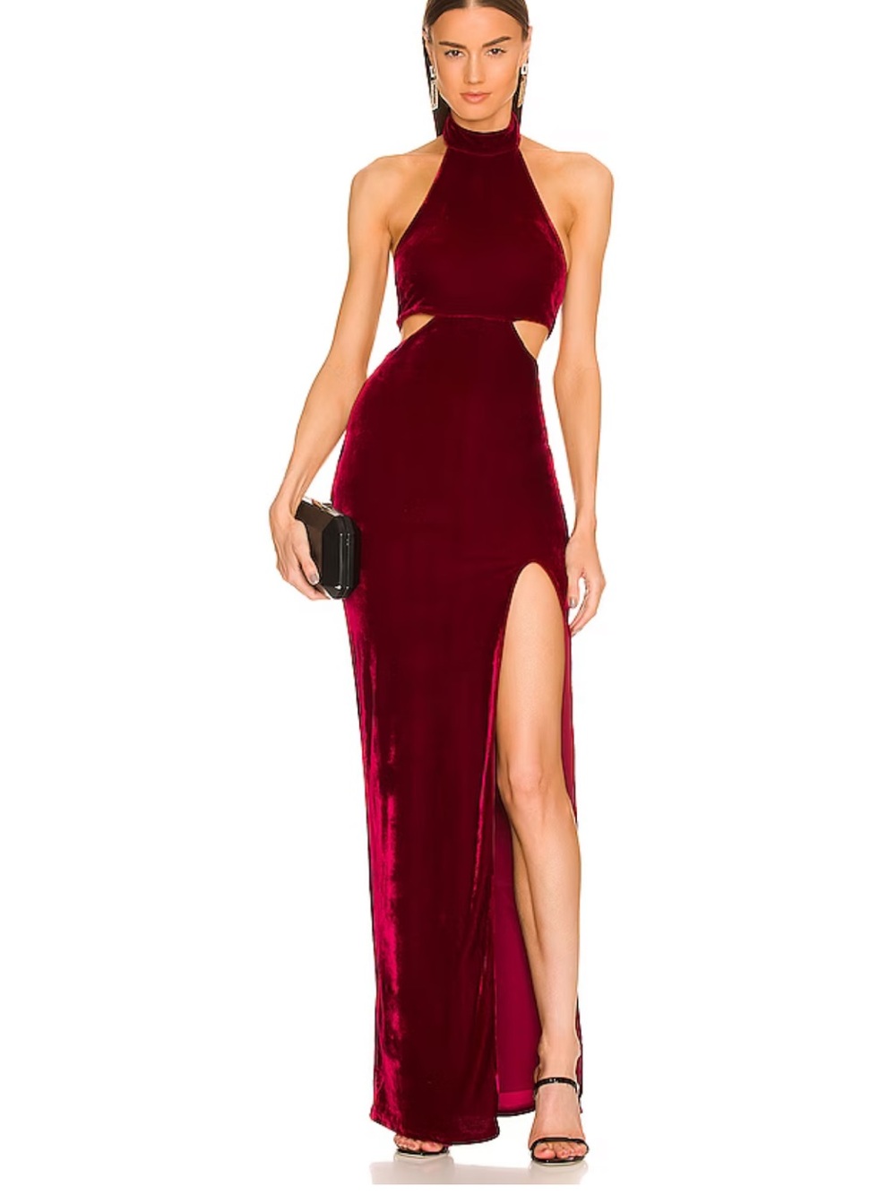 Michael Costello Burgundy Velvet Halter Cutout Maxi Gown